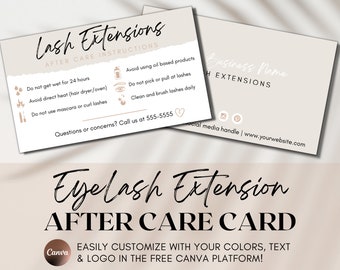 Eyelash Extension After Care Card Template for Canva | Editable Business Marketing Supplies | Lash Artist Instruction Kit | BOHO Neutral