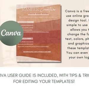 May include: A Canva user guide with tips and tricks for editing templates. The guide features a colorful background with the text "Ramblr Creative Canva User Guide" and "Canva is a free-to-use online graphic design tool. It's simple to use and allows you to change the font, text, colors, photos and graphics of these templates. You can even add your own logo!"