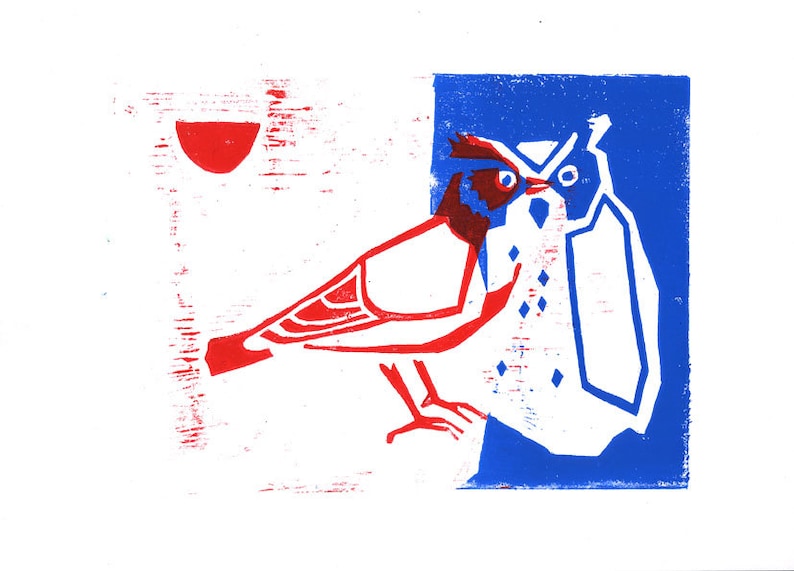 A5 lark and an owl red and blue woodcut