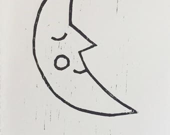 Sleepy moon woodcut print