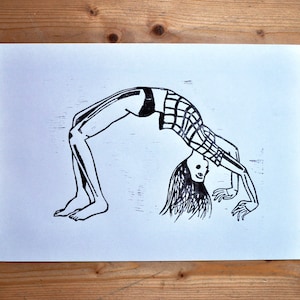 black and white woodcut of a girl (A3)