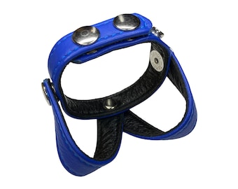 Cobalt Blue Garment Leather V-Style Cock Ring & Ball Divider