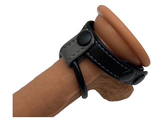 Black/gray Garment Leather Cockring With Rubber Penis Ring 