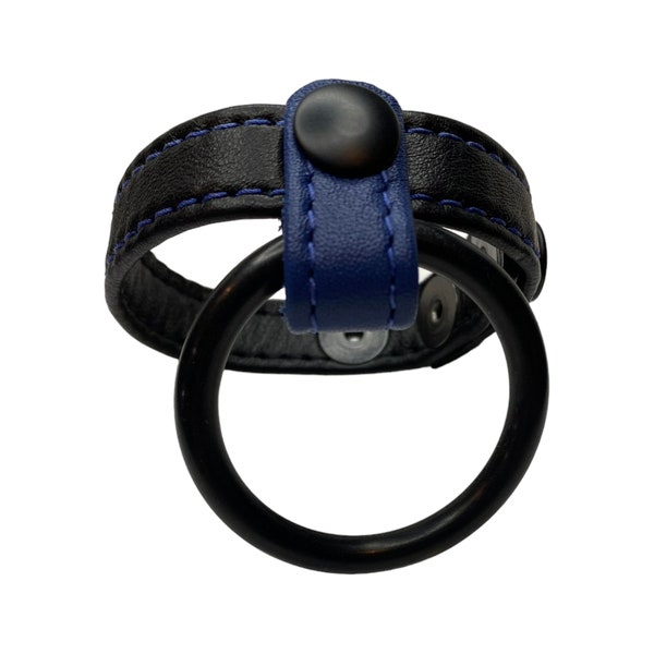 Black/Blue Garment Leather Cockring with Rubber Penis Ring