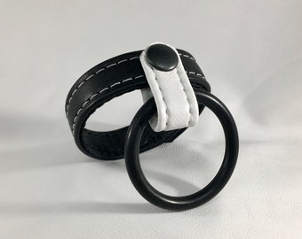 Black/White Garment Leather Cockring with Rubber Penis Ring