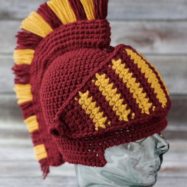 Casque de Troie | Spartiate/Chevalier/Grec | Gladiateur | Chapeau au crochet | Chapeau tricoté | Passez au rouge, passez à l'or | Homme/Femme/Ado/Enfant/Adulte