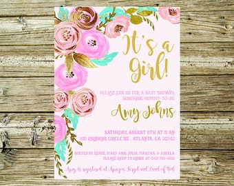 Pink Floral baby girl shower invitation