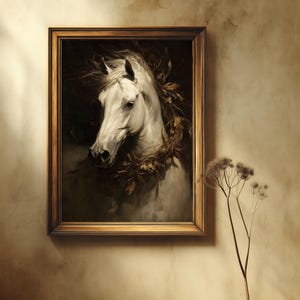 Dark Academia Decor, Moody White Stallion Portrait with Dried Leaves