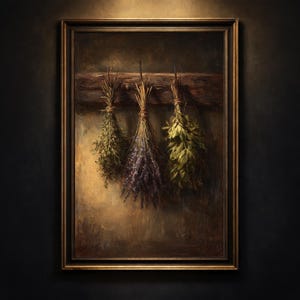 A moody oil painting of three tied bundles of dried herbs hanging from a wooden beam against a textured umber background.