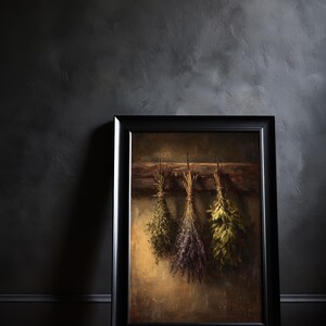A moody oil painting of three tied bundles of dried herbs hanging from a wooden beam against a textured umber background.