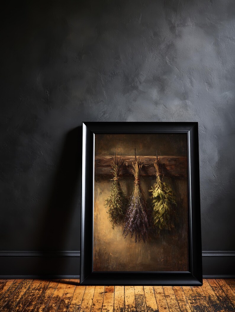 A moody oil painting of three tied bundles of dried herbs hanging from a wooden beam against a textured umber background.
