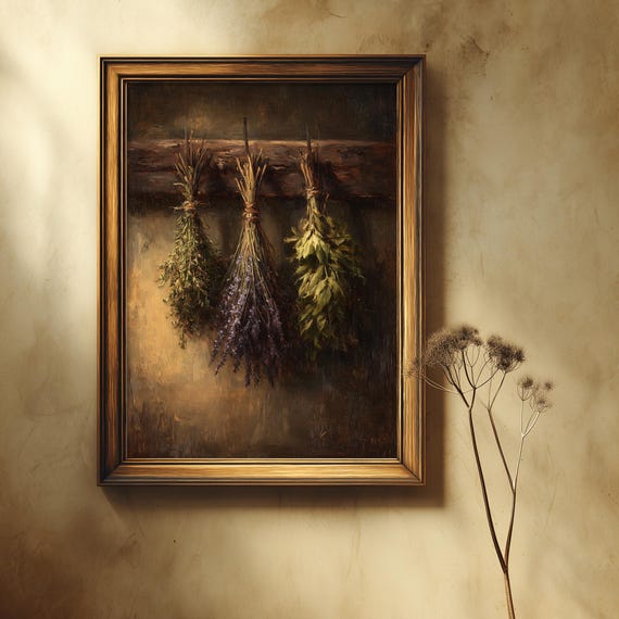 Dark Botanical Art, Apothecary Wall Decor, Rustic Herb Illustration, Academia Print