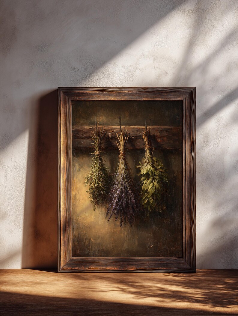 A moody oil painting of three tied bundles of dried herbs hanging from a wooden beam against a textured umber background.