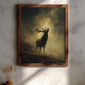 Moody Stag Wall Art, Highland Deer Oil Painting, Rustic Cabin Decor