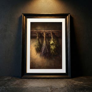 A moody oil painting of three tied bundles of dried herbs hanging from a wooden beam against a textured umber background.