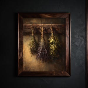 A moody oil painting of three tied bundles of dried herbs hanging from a wooden beam against a textured umber background.