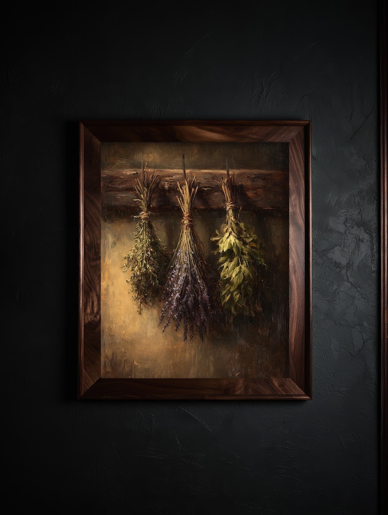 A moody oil painting of three tied bundles of dried herbs hanging from a wooden beam against a textured umber background.