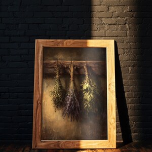 A moody oil painting of three tied bundles of dried herbs hanging from a wooden beam against a textured umber background.
