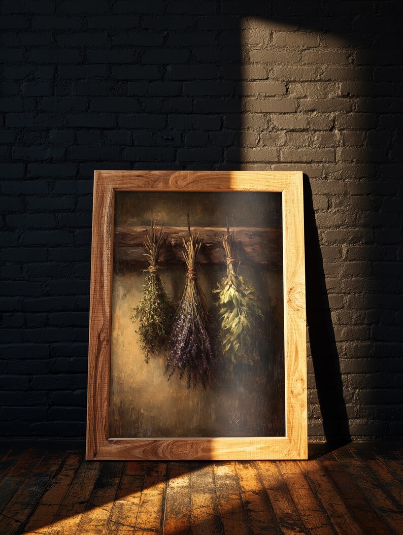 A moody oil painting of three tied bundles of dried herbs hanging from a wooden beam against a textured umber background.