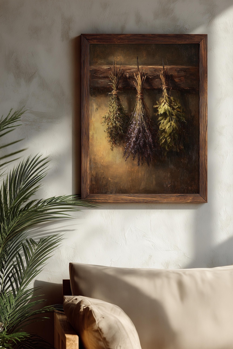 A moody oil painting of three tied bundles of dried herbs hanging from a wooden beam against a textured umber background.