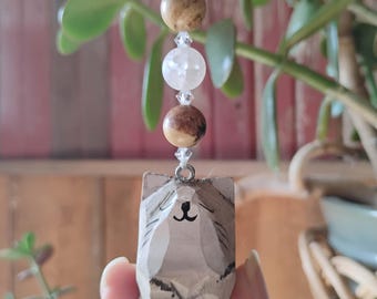 Grey Cat Car Charm – Beaded Review Mirror Hanging