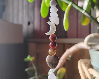 Rose Quartz Heart and Moon Car Charm – Rearview Mirror Crystal Hanging