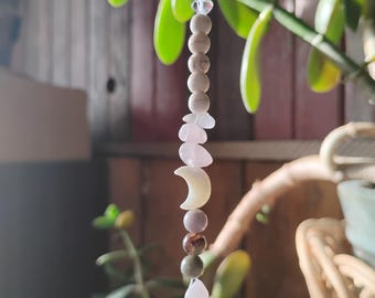 Rose Quartz Moon Car Charm – Rearview Mirror Crystal Decor