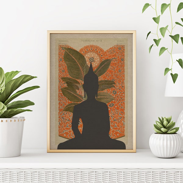 Meditating Buddha Picture | Printable Wall Art | Orange + Black Home And Spa Decor | Featuring Geometric Bohemian Motifs | 5 Sizes included