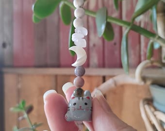 Lucky Grey Cat Car Charm – Beaded Rearview Mirror Hanging