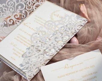 White Shimmer Laser Cut Wedding Invitation Set, Ecru Mirror