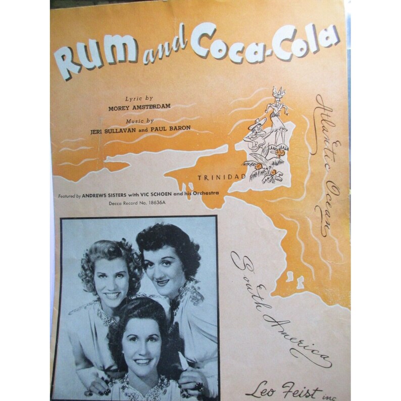 Piano Sheet Music Rum and Cocacola Leo Feist Music 1944 Key of C With Lyrics Etsy