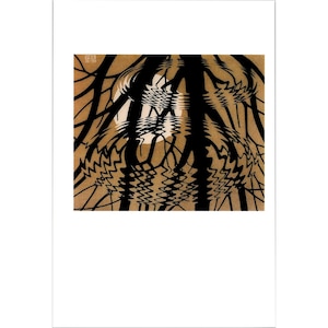 May include: An abstract art print featuring a black tree reflection in water. The artwork has a tan background with black lines and a white circle, creating a serene and artistic visual.