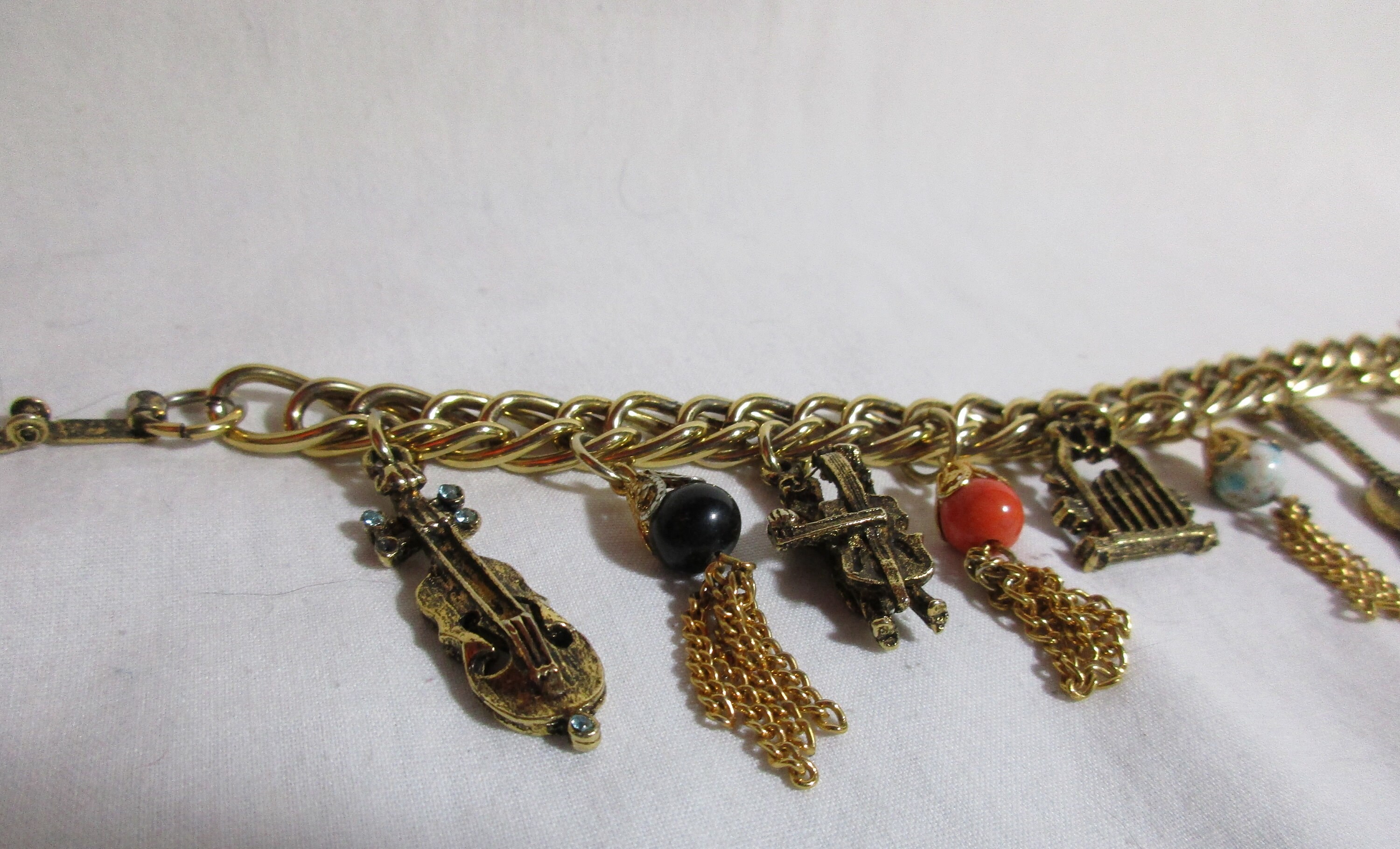 Gold Tone Musical Charm Chain Bracelet Violin Cello Ballet Shoes Organ ...