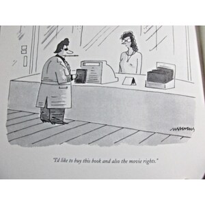 K&ouml;nnte beinhalten: Schwarz-Wei&szlig;-Cartoon einer Person an einer Kasse, die einen langen Mantel und eine Sonnenbrille tr&auml;gt und ein Buch h&auml;lt. Die Kassiererin steht hinter dem Tresen. Der Text lautet: "Ich m&ouml;chte dieses Buch und auch die Filmrechte kaufen."