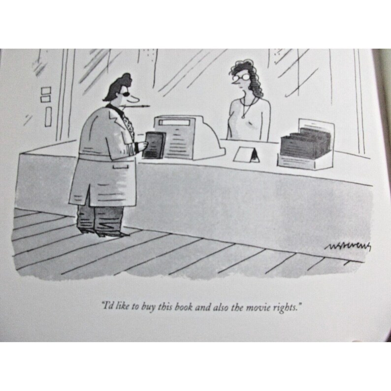 K&ouml;nnte beinhalten: Schwarz-Wei&szlig;-Cartoon einer Person an einer Kasse, die einen langen Mantel und eine Sonnenbrille tr&auml;gt und ein Buch h&auml;lt. Die Kassiererin steht hinter dem Tresen. Der Text lautet: "Ich m&ouml;chte dieses Buch und auch die Filmrechte kaufen."