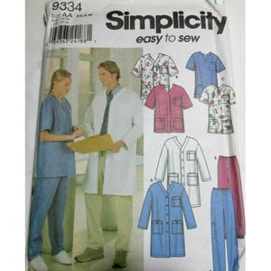 May include: Simplicity sewing pattern for medical scrubs and lab coats. The pattern includes various styles of tops, pants, and a long white lab coat. The image shows a person wearing blue scrubs and another in a white lab coat. The text "easy to sew" is visible.