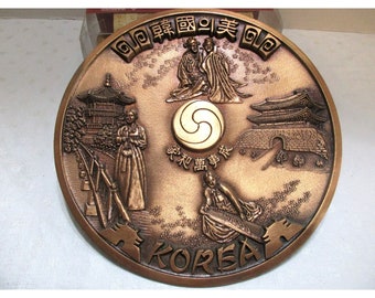 Korea Embossed Brass Copper Metal Souvenir Landmarks Wall Plate - Size 7.75" Dia