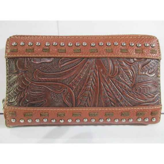 Trinity Ranch Wristlet Organizer Wallet 100% Tooled Leather Zip Close Pockets