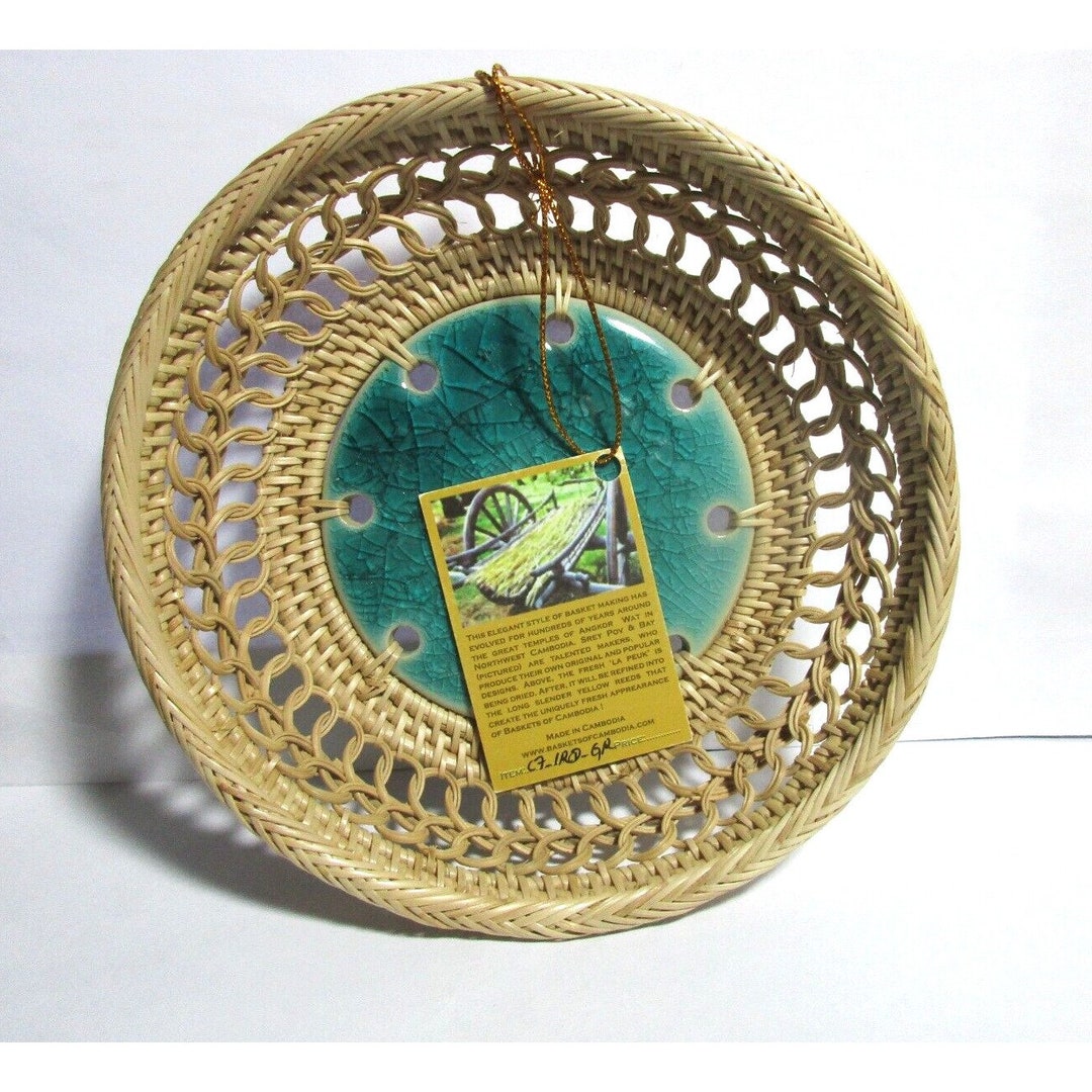 Baskets of Cambodia Straw and Porcelain Jewelry Trinket Coin Basket 6