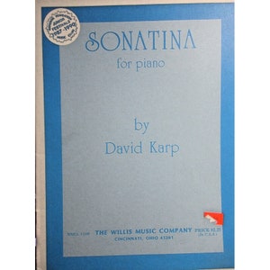 May include: A light blue sheet music cover for "Sonatina for piano" by David Karp. The title is in a stylized font. The text "National Federation Junior Festivals 1987-1990 Music Club" is printed on the top left corner of the cover.