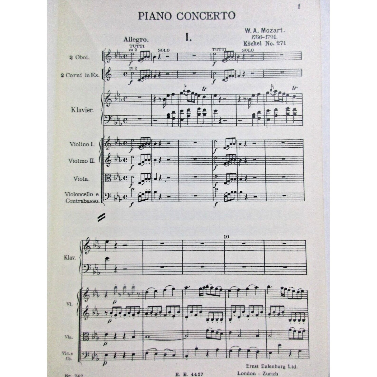 Mozart Piano Concerto W/ Orchestra Mini Study Score KV No. 271 - E Flat ...