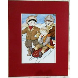 Matted Mary Engelbreit Calendar Print 8 X 10&quot; First Sleigh Ride -Red Mat #168