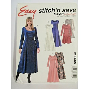 Könnte beinhalten: Ein Schnittmuster von McCall's, M4560, mit dem Titel "Easy stitch'n save", das Kleiderdesigns zeigt. Das Hauptbild zeigt eine Frau in einem langen, dunkelblauen Samtkleid. Die Schnittmustergröße ist B (12-14-16-18).