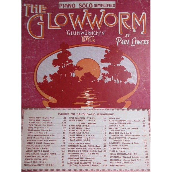 1932 THE GLOW-WORM Sheet Music Piano Solo Vocal Guitar Key of C (Simplified)