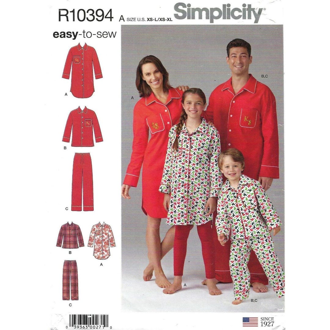 Simplicity Pattern 10394 Sizes XS-XL Unisex Matching Family Pajamas UC ...