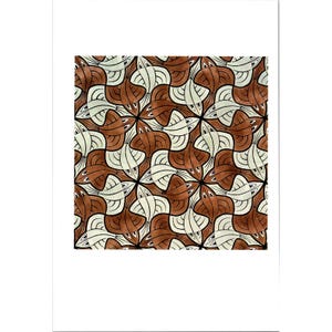 May include: A detailed, geometric pattern print featuring repeating shapes in shades of brown and off-white, creating a tessellated design. The artwork is set against a white background, enhancing the contrast and visual impact.