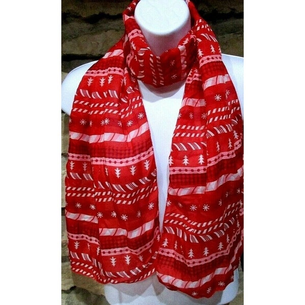 Winter Scarf Christmas Trees Holiday Red White Long 12" X 62" Polyester