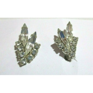 Pronged Pave Set & Pointed Faceted Ovals Clear Crystal Rhinestone Clip Earrings