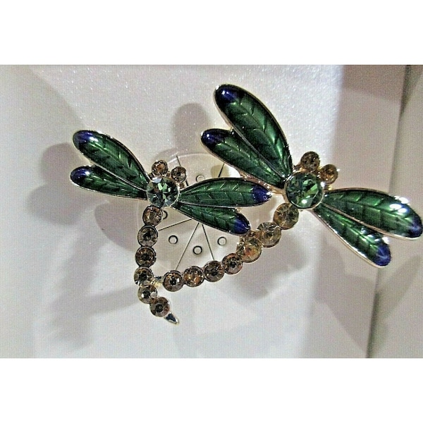 Anne Klein Brooch Double Dragonflies Green Wings w/Clear and Amber Rhinestones