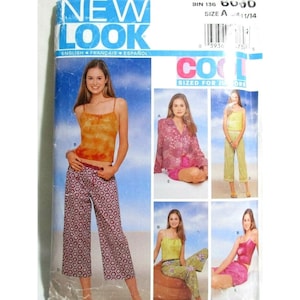 Puede incluir: Sobre de patrón de costura New Look 6050, talla A, con ilustraciones de varios estilos de ropa, incluyendo una camiseta sin mangas tie-dye, pantalones anchos estampados, una camisa floral, una camiseta sin mangas lisa y pantalones cortos.